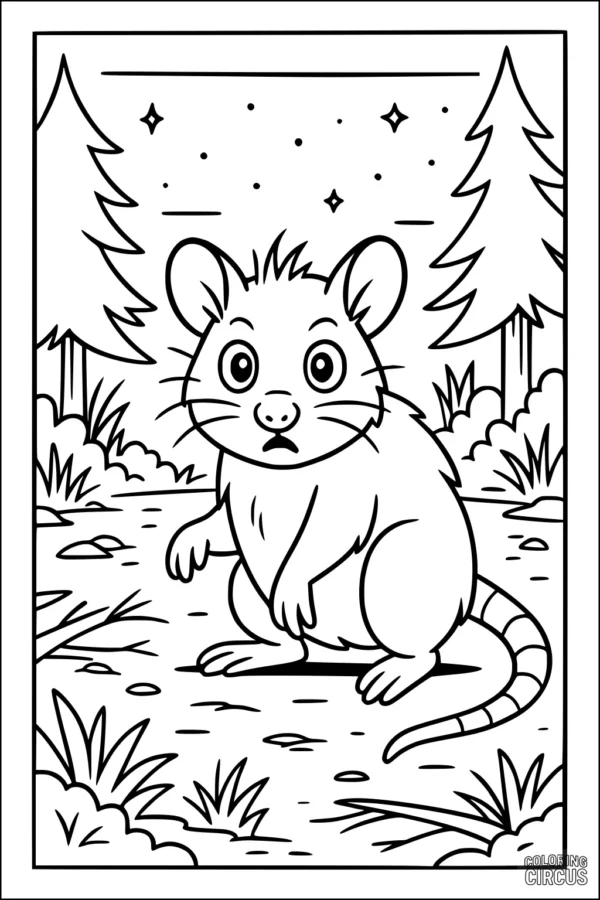 Coloring page opossum sitting in a pine forest at night with stars above