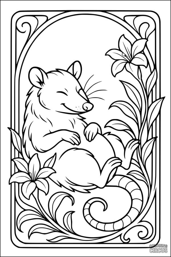 Coloring page of a cute opossum resting in flowers with decorative border