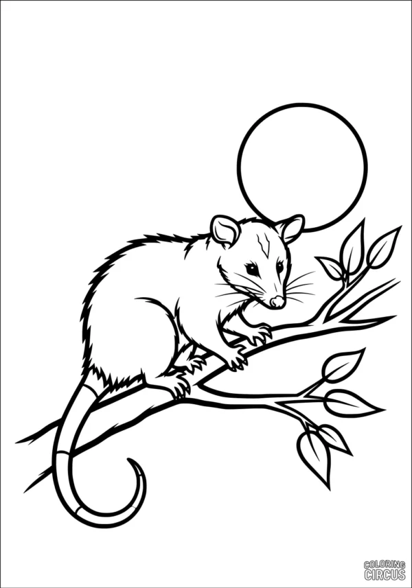 Coloring page showing an opossum on a tree branch with leaves and a sun in the background