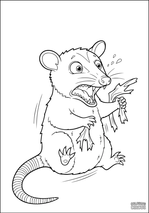Coloring page of a cute opossum looking surprised while holding torn leaves