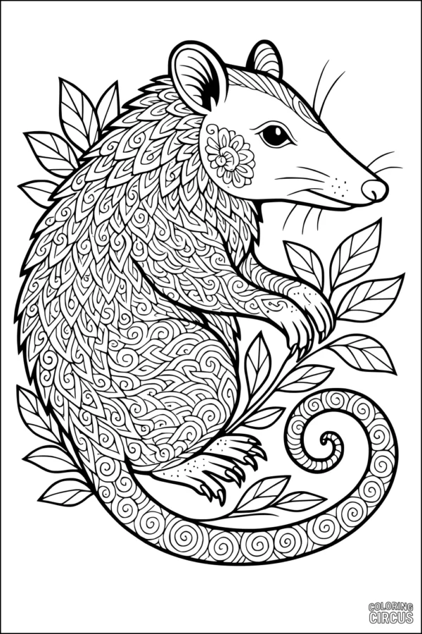 Coloring page featuring a detailed opossum surrounded by stylized leaves and intricate patterns