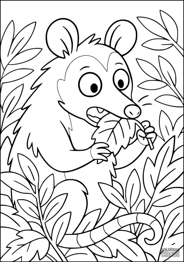 Coloring page of a cartoon opossum eating a leaf in a forest with large leafy plants