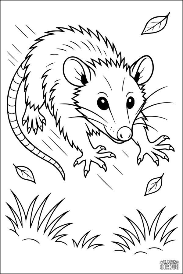 Coloring page of a cartoon opossum leaping above grass with leaves