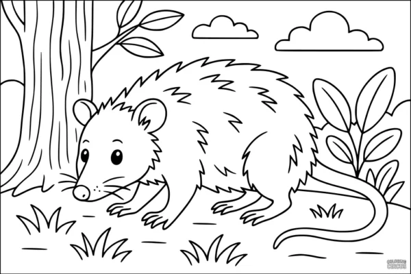 Coloring page featuring a cute opossum in a meadow with trees, grass, and clouds