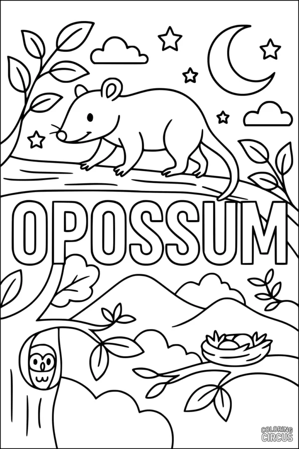Coloring page of a cute opossum on a tree branch with moon, stars, owl, nest, and forest scene