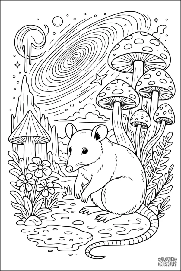 Coloring page opossum with large mushrooms under a swirling cosmic sky in a forest meadow
