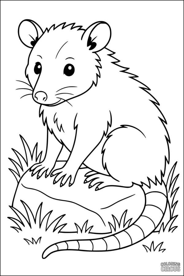 Coloring page of a cute opossum sitting on a rock surrounded by grass