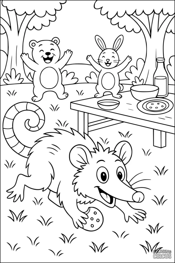 Coloring page featuring a cartoon opossum with a cookie, a bear, and a rabbit at a picnic in the woods