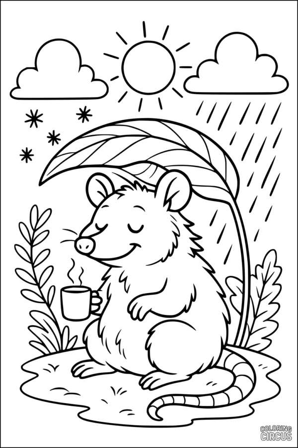 Coloring page of a cartoon opossum sitting under a leaf, holding a mug, with sun, clouds, and raindrops in a forest scene
