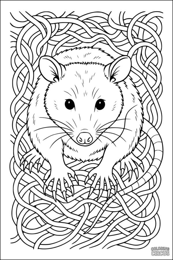 Coloring page featuring a curious opossum resting in a nest of twisting vines, detailed lines for children