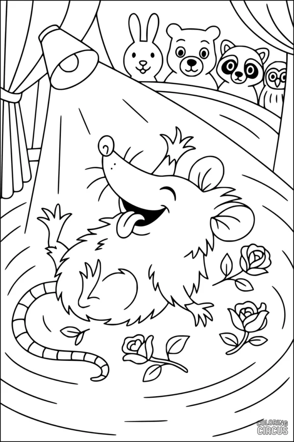 Coloring page of a happy opossum performing on stage with smiling forest animals watching and roses around