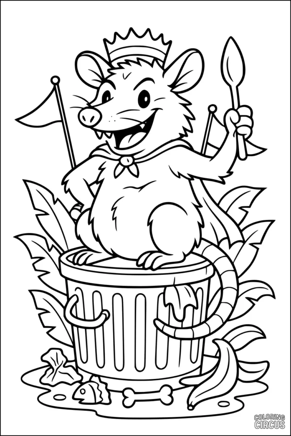 Coloring page featuring a cartoon opossum wearing a crown, sitting on a trash can with flags and food scraps around