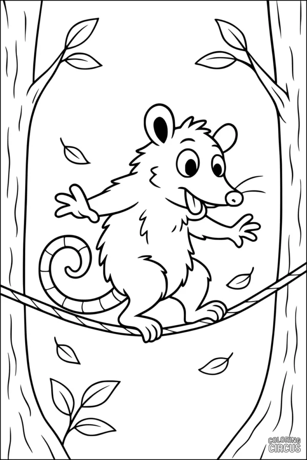Coloring page of a cartoon opossum balancing on a vine between trees