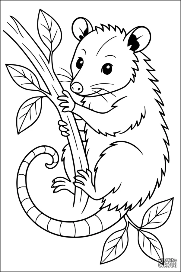 Coloring page of a cute opossum holding a tree branch with leaves
