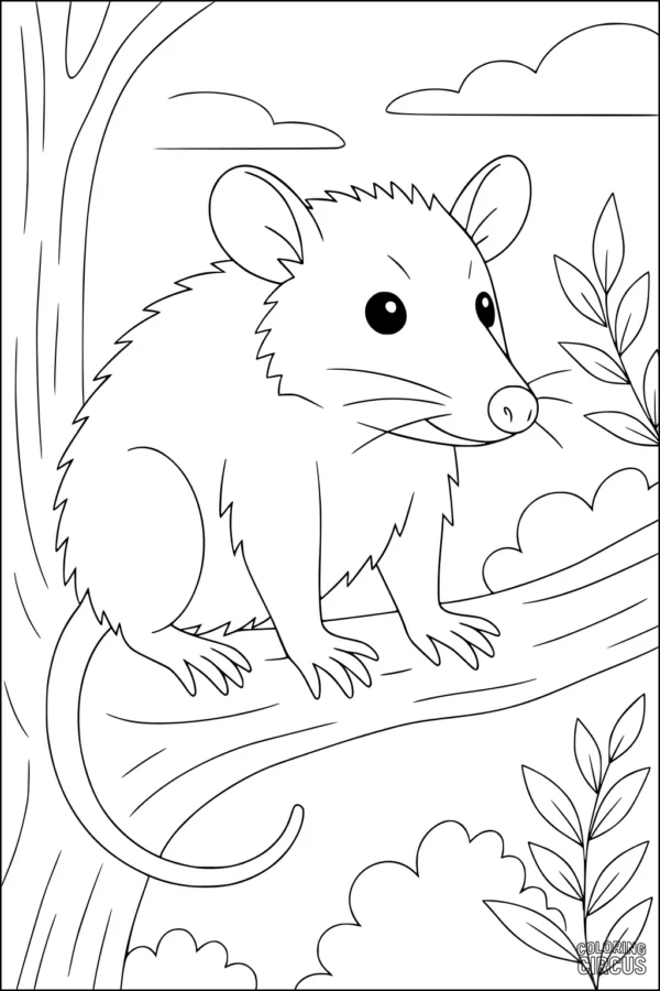Coloring page of a cartoon opossum sitting on a tree branch surrounded by leaves and clouds