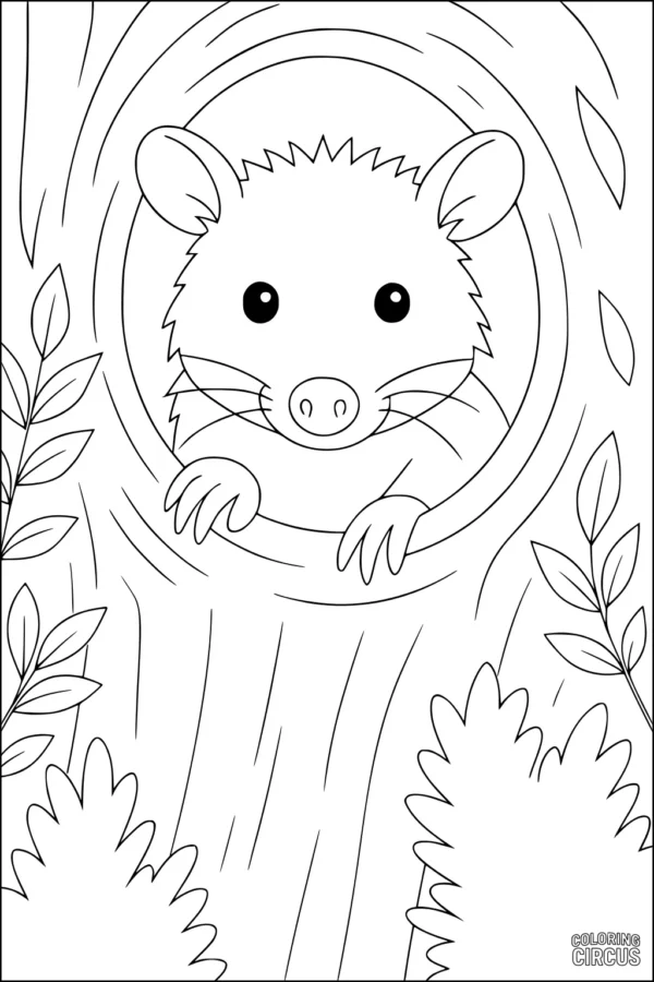 Coloring page featuring a cute opossum peeking from a tree hollow with leaves and bushes around