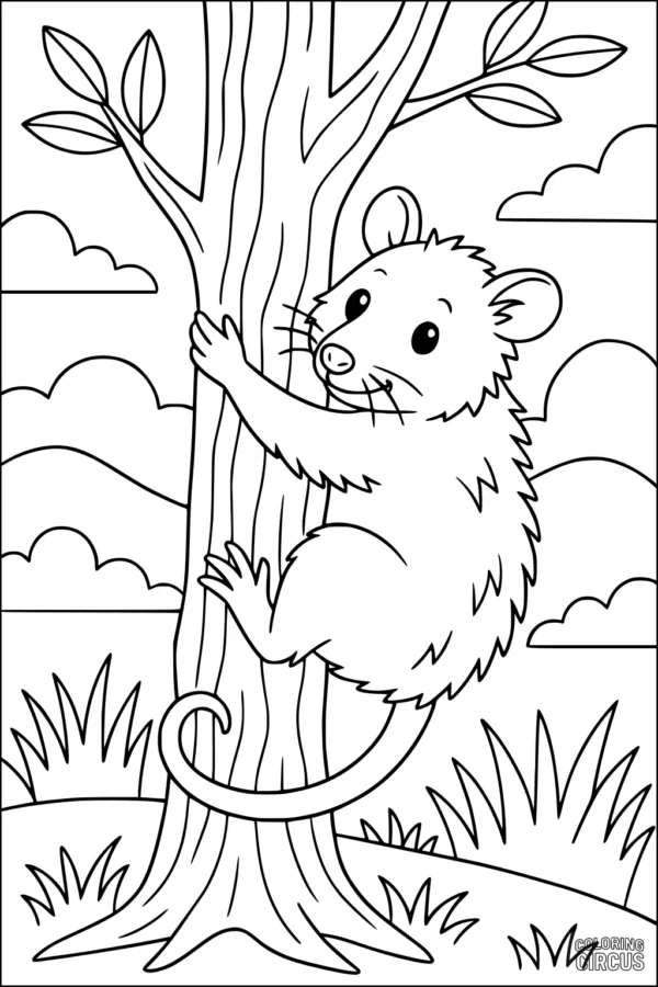 Coloring page opossum climbing tree in sunny meadow with clouds and grass