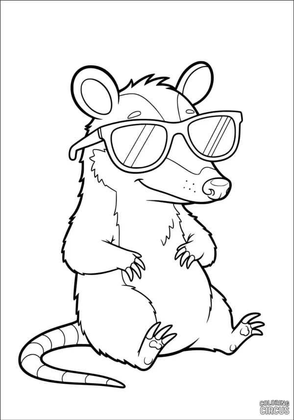 Coloring page of a cartoon opossum wearing large sunglasses, perfect for children