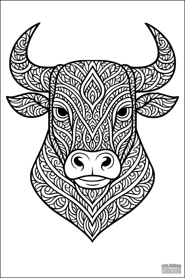 Coloring page detailed bull head with intricate ornate patterns