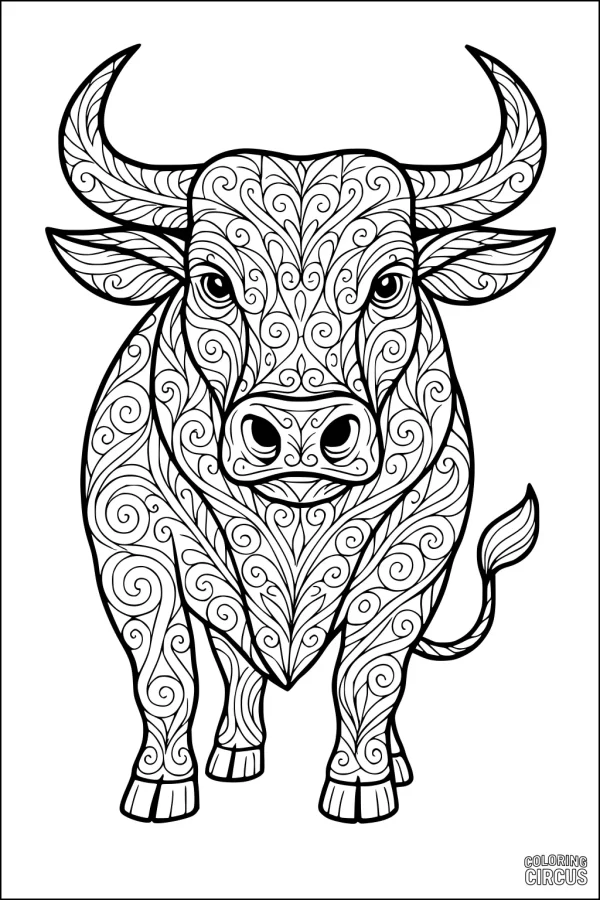Coloring page featuring a stylized bull with intricate swirling patterns