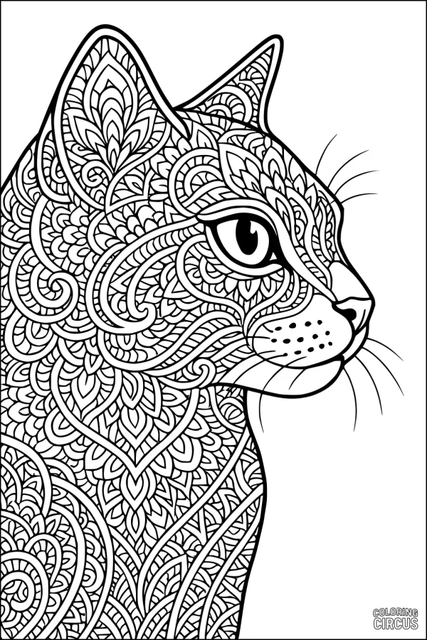 Coloring page featuring an intricate patterned cat head with detailed mandala and floral decorations