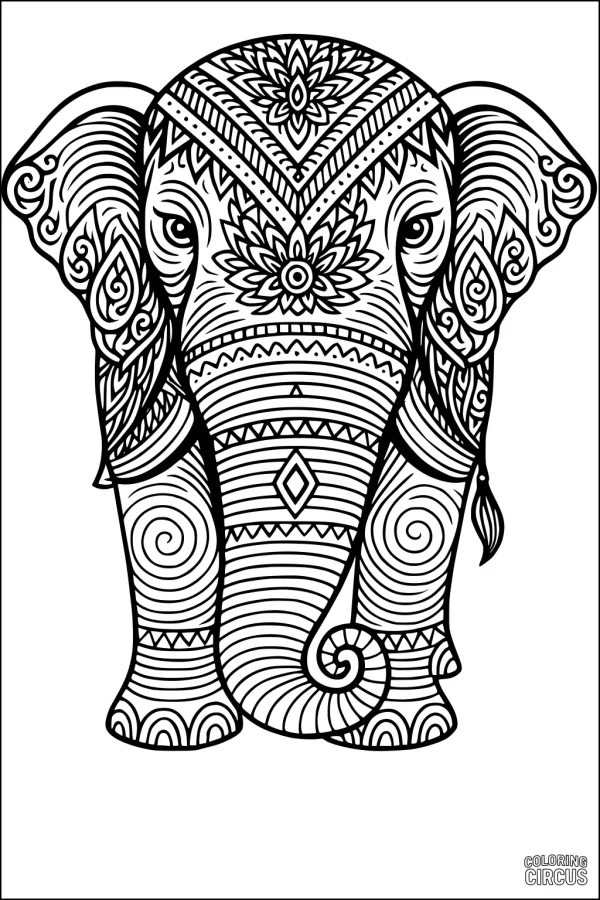 Coloring page of an intricately patterned elephant with decorative swirls and mandala elements