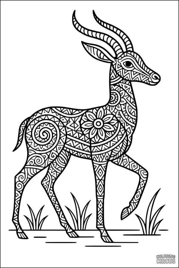 Coloring page featuring a highly detailed patterned gazelle standing in grass, designed for advanced coloring.