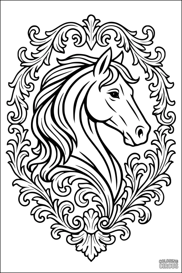 Coloring page with detailed horse head framed by ornate floral patterns