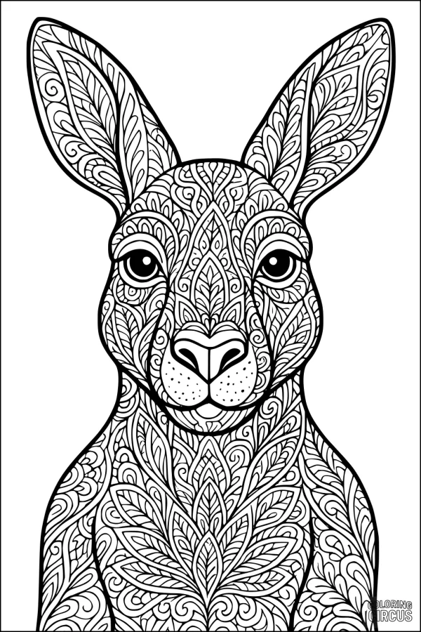 Coloring page of a kangaroo with elaborate patterned designs for relaxation and creativity
