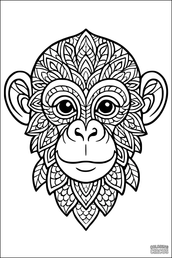 Coloring page with a detailed monkey face filled with leaf and geometric patterns