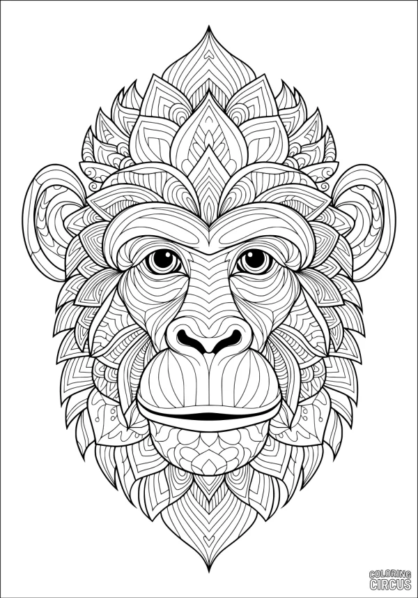 Coloring page featuring a detailed mandala-style monkey face with intricate patterns