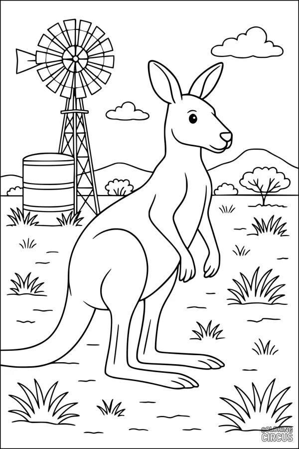 Coloring page of a cute kangaroo in an Australian outback field with a windmill and scattered grass