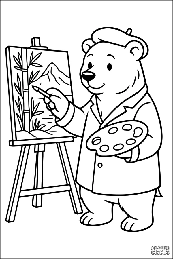 Coloring page of a cartoon bear joyfully painting on a canvas with mountains and bamboo
