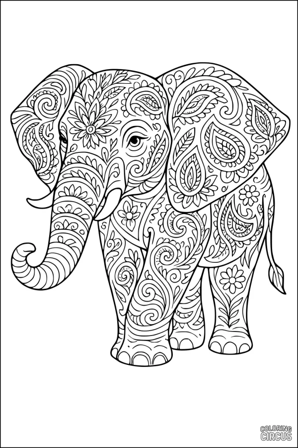 Coloring page featuring an intricately patterned elephant with paisley and floral designs, suitable for advanced colorists