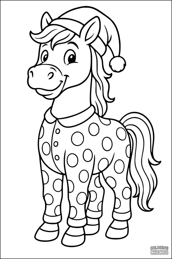 Coloring page showing a smiling horse in polka dot pajamas and a nightcap