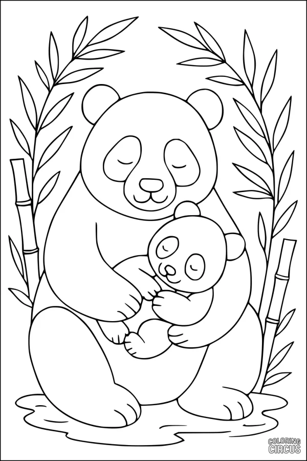 Coloring page of a mother panda bear hugging her baby in a bamboo forest