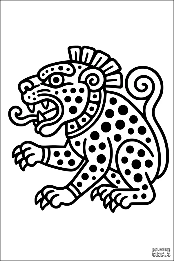 Coloring page featuring a stylized panther with Aztec-inspired patterns and bold spots
