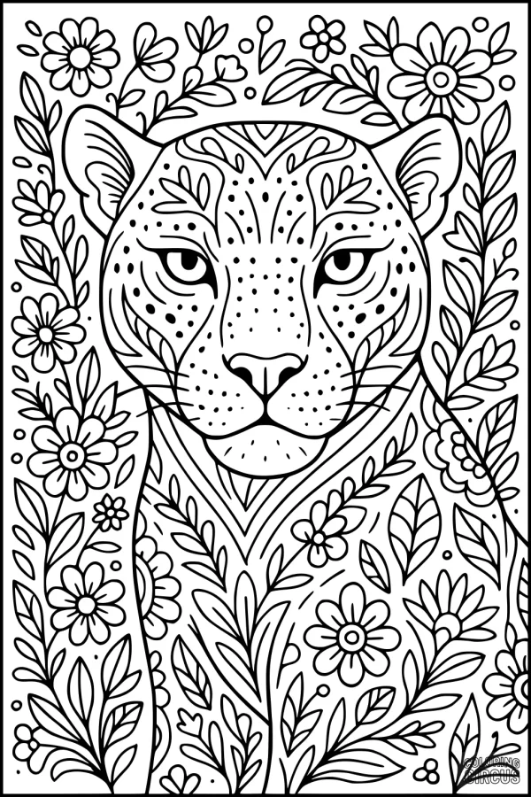Coloring page featuring a detailed panther surrounded by flowers and leafy plants, perfect for animal and jungle themes
