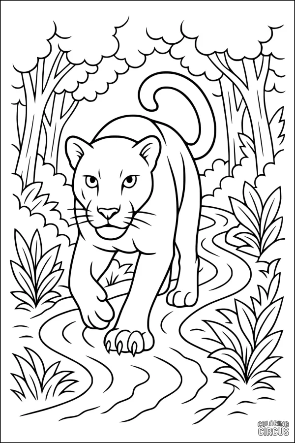 Coloring page showing a panther walking along a jungle stream with trees and plants