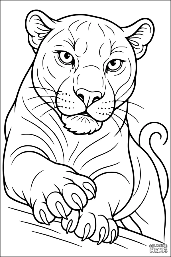 Coloring page of a panther with alert eyes and outstretched paw in a jungle setting