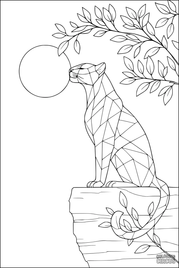 Coloring page of a geometric panther sitting on a cliff with branches and a sun in the background