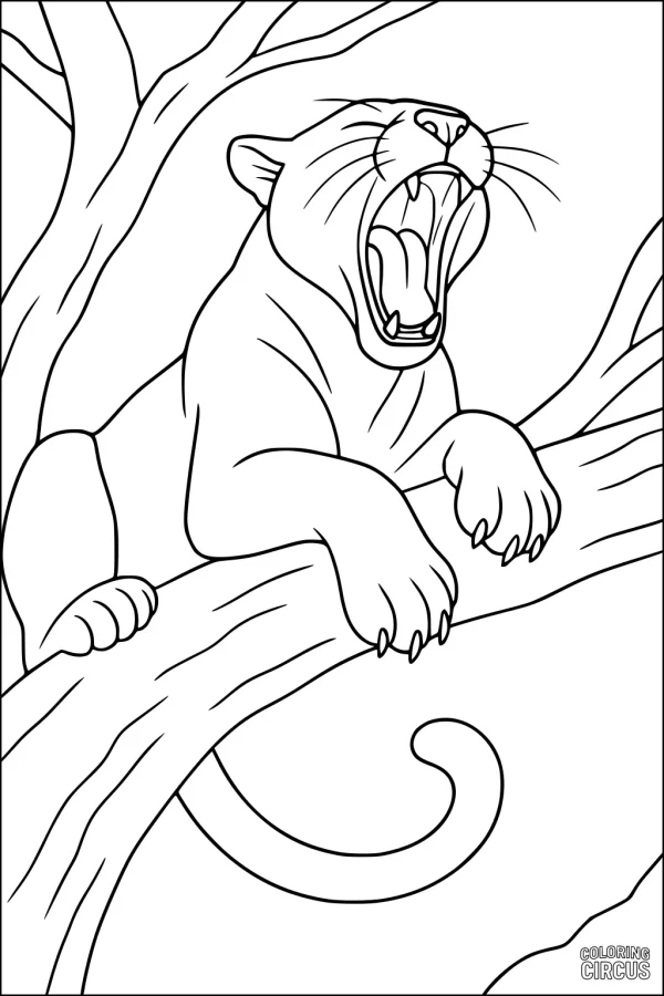 Coloring page of a panther roaring while reclining on a tree branch in the jungle