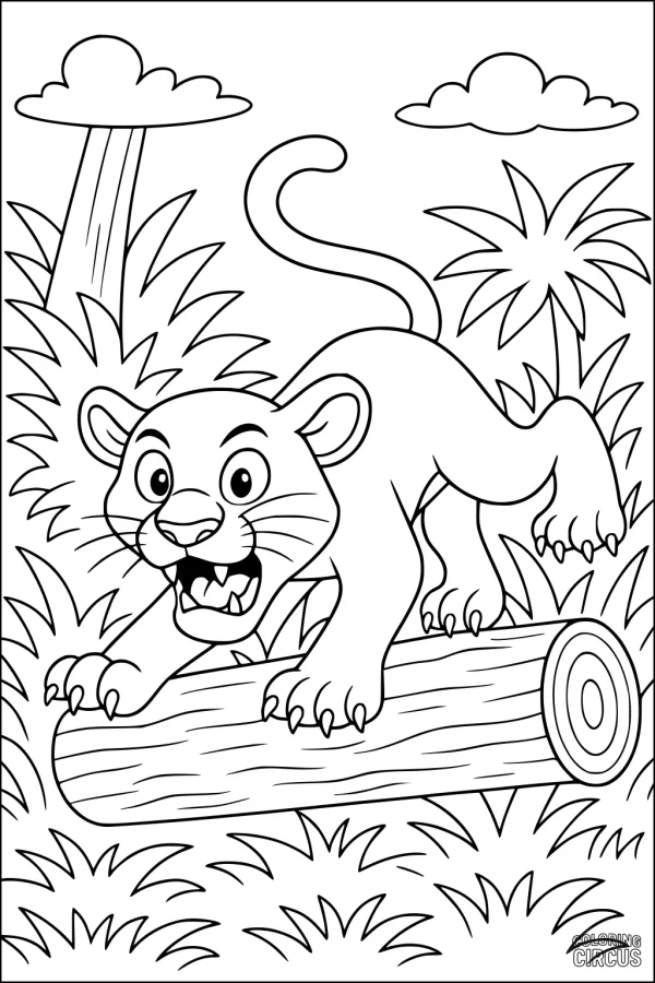 Coloring page of a young panther on a log in a jungle setting with trees and grass