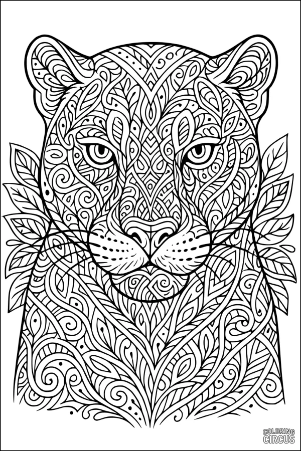 Coloring page featuring an intricate patterned panther face with swirling leaves and jungle motifs