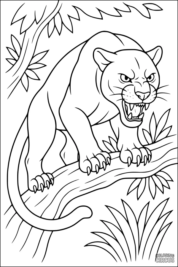 Coloring page of a panther crouched on a tree branch in the jungle, surrounded by leafy plants