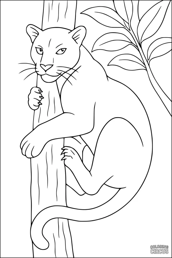Coloring page of a panther climbing a tree with jungle leaves in the background