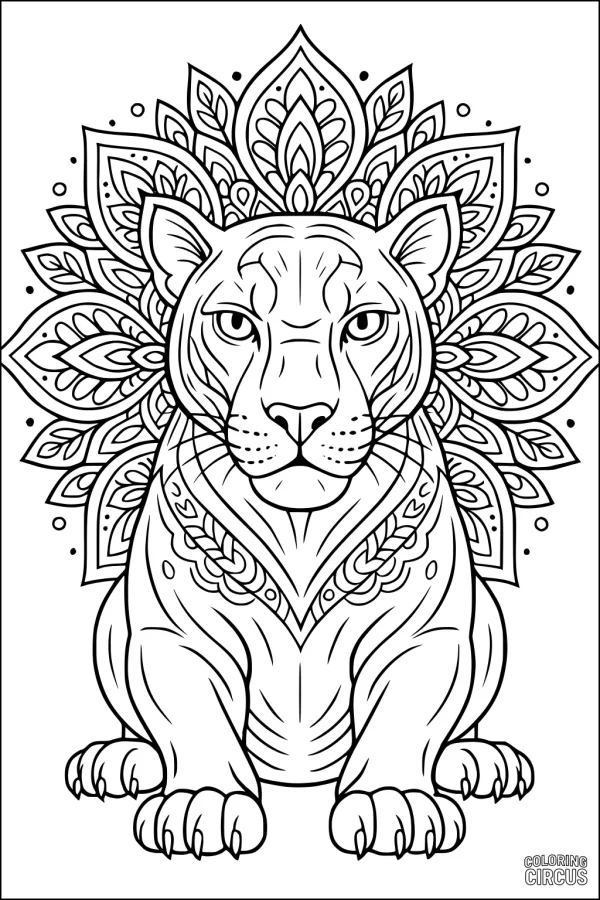 Coloring page of a panther with intricate mandala and jungle patterns