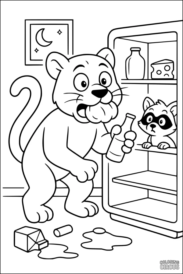 Coloring page of a cute panther and raccoon caught sneaking food from an open refrigerator at night