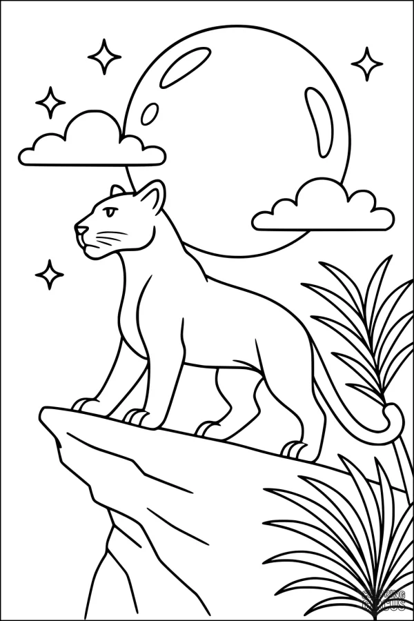 Coloring page of a panther standing on a rocky ledge under a large moon and night sky with stars and jungle plants