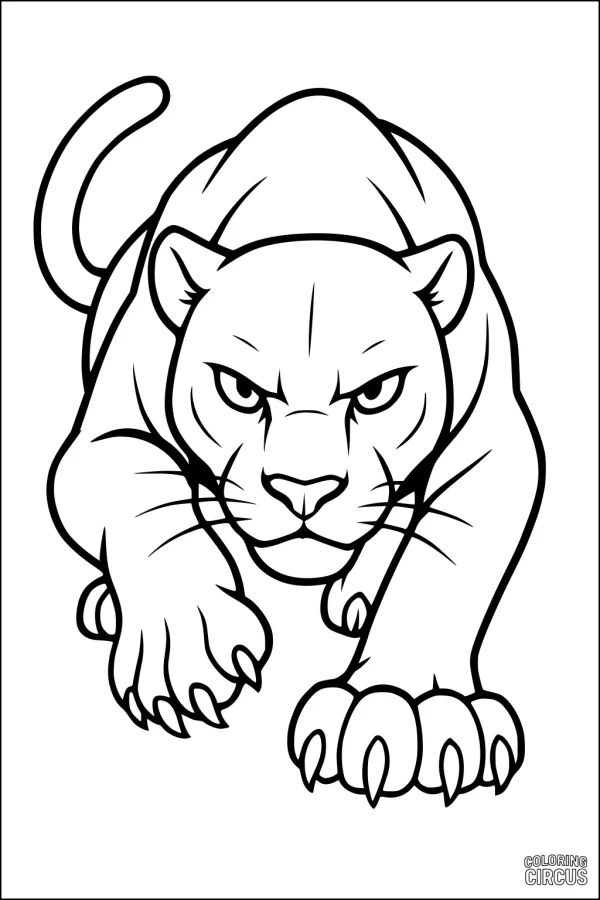 Coloring page of a prowling panther with alert eyes and large paws, designed for kids